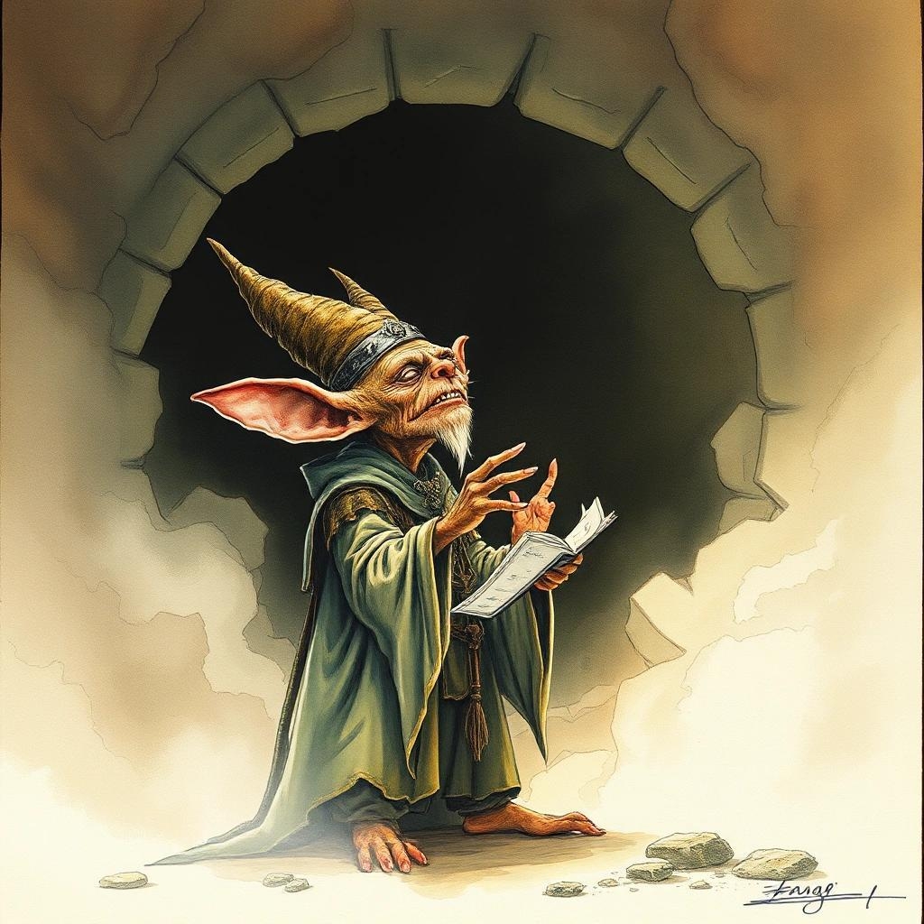 Image with seed 1861163987 generated via Stable Diffusion through @stablehorde@sigmoid.social. Prompt: A goblin priest sings an ancient prayer to a very old god long forgotten by humans, Jean-Baptiste Monge style, surreal, a masterpiece, razor-sharp focus, dynamic lighting, watercolor and ink