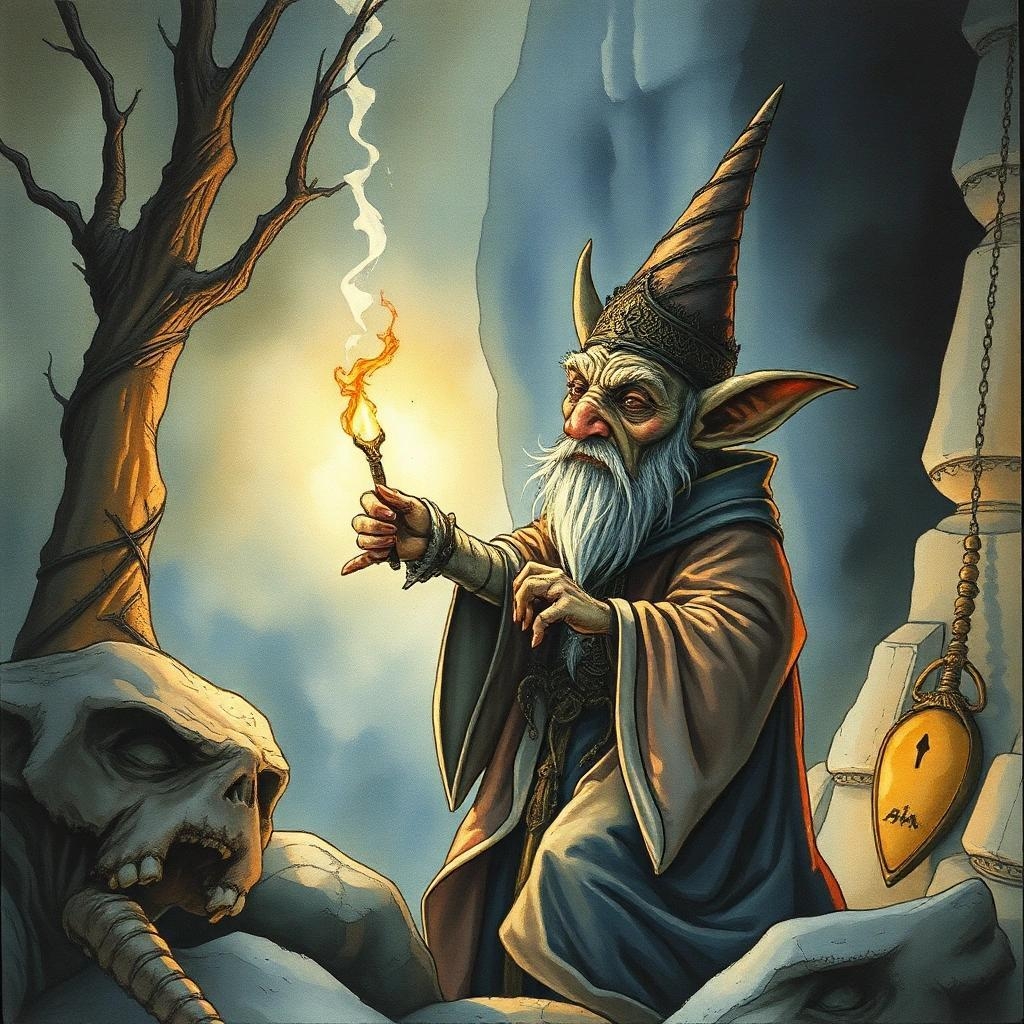 Image with seed 1861163987 generated via Stable Diffusion through @stablehorde@sigmoid.social. Prompt: A goblin priest sings an ancient prayer to a very old god long forgotten by humans, Jean-Baptiste Monge style, surreal, a masterpiece, razor-sharp focus, dynamic lighting, watercolor and ink