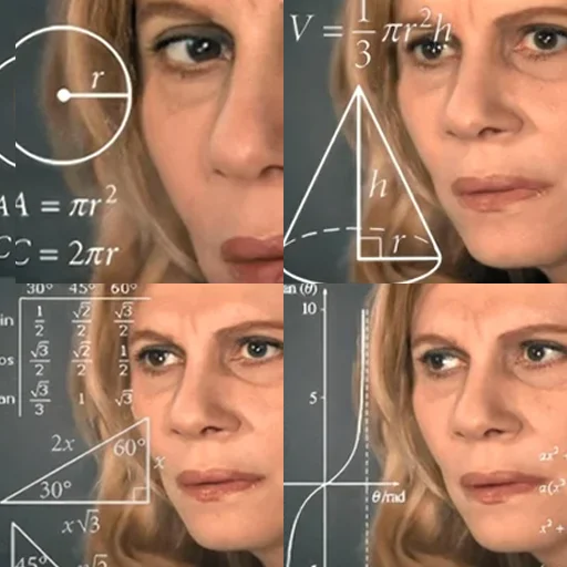 Meme of a woman thinking with formulas and diagrams drawn on top of the image