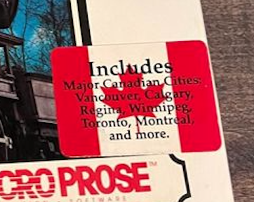 A sticker on the front of the box reads: Includes Major Canadian Cities: Vancouver, Calgary, Regina, Winnipeg, Toronto, Montreal and more.