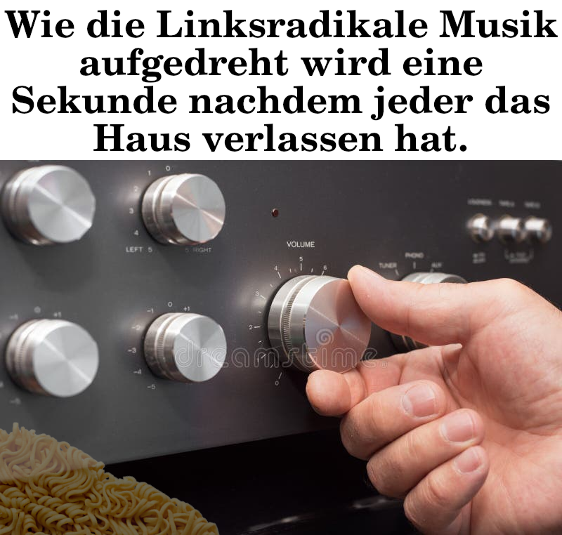 Ein meme. Die Memeüberschrift sagt "Wie die Linksradikale Musik aufgedreht wird eine Sekunde nachdem jeder das Haus verlassen hat." darunter is eine Hand zu sehen die einen Lautstärkeregler aufdreht