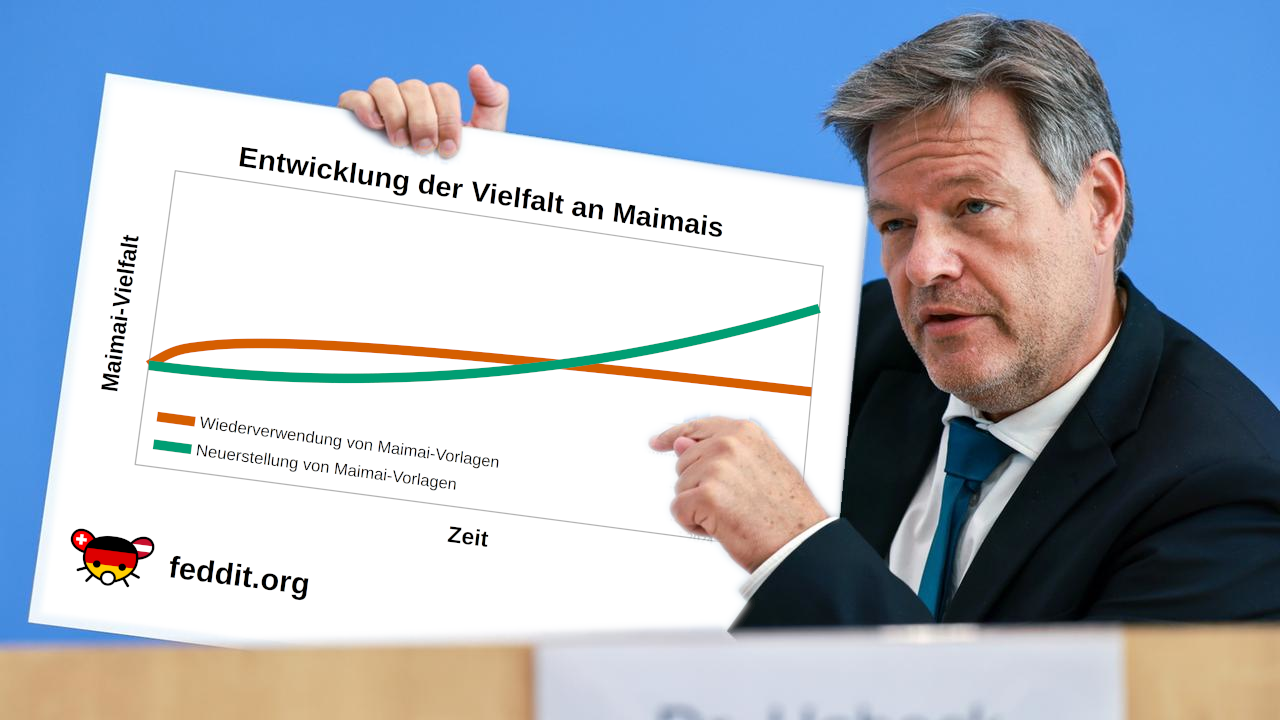 Robert Habeck präsentiert ein Diagramm mit der Überschrift „Entwicklung der Vielfalt an Maimais“, dass für „Neuerstellung von Maimai-Vorlagen“ einen deutlich größeren Anstieg der Maimai-Vielfalt über die Zeit zeigt als für „Wiederverwendung von Maimai-Vorlagen“.