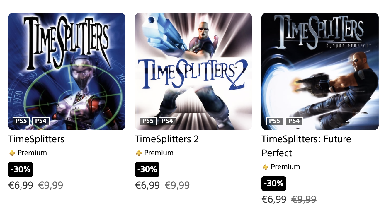 screenshot from the PlayStation store showing TimeSplitters 1, 2 and 3 for €6,99 instead of €9,99