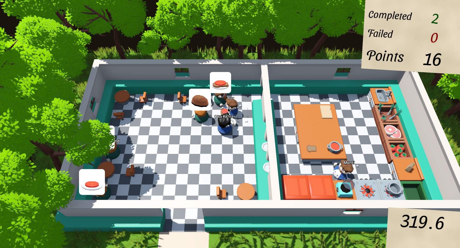 Screenshot of a computer game: Bird view of a restaurant with trees around it. Some player characters walk around and prepare food, customers have symbols on top of their head which present their desires.