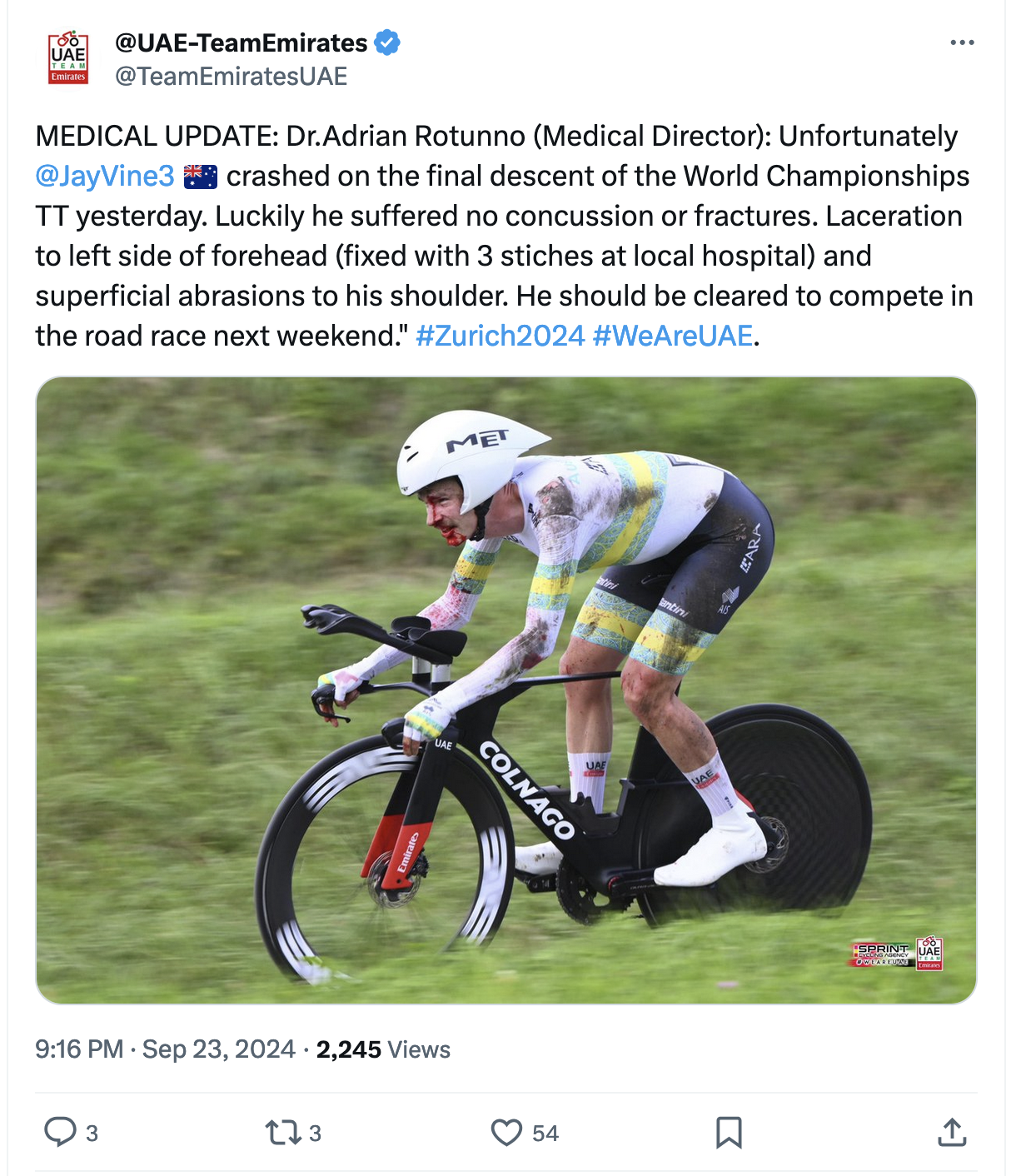 MEDICAL UPDATE: Dr.Adrian Rotunno (Medical Director): Unfortunately Jay crashed on the final descent of the World Championships TT yesterday. Luckily he suffered no concussion or fractures. Laceration to left side of forehead (fixed with 3 stiches at local hospital) and superficial abrasions to his shoulder. He should be cleared to compete in the road race next weekend."