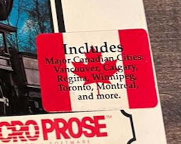 A sticker on the front of the box reads:
Includes Major Canadian Cities: Vancouver, Calgary, Regina, Winnipeg, Toronto, Montreal and more.