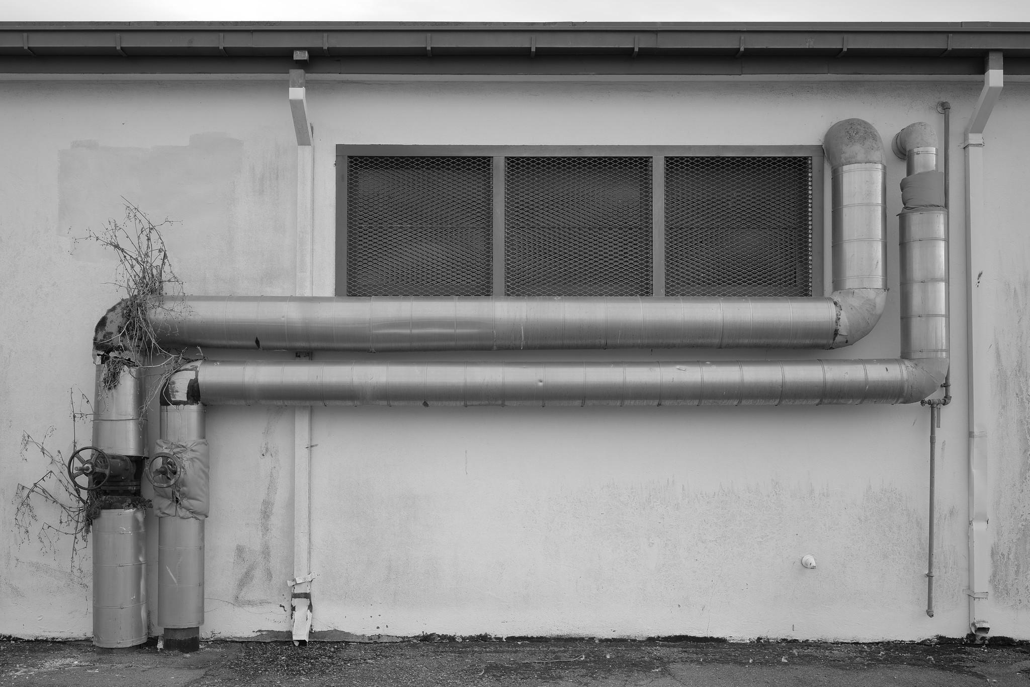 Abstract photo of two pipes zig-zagging across the outside of a simple building. Vegetation is emerging from cracks in the pipes.