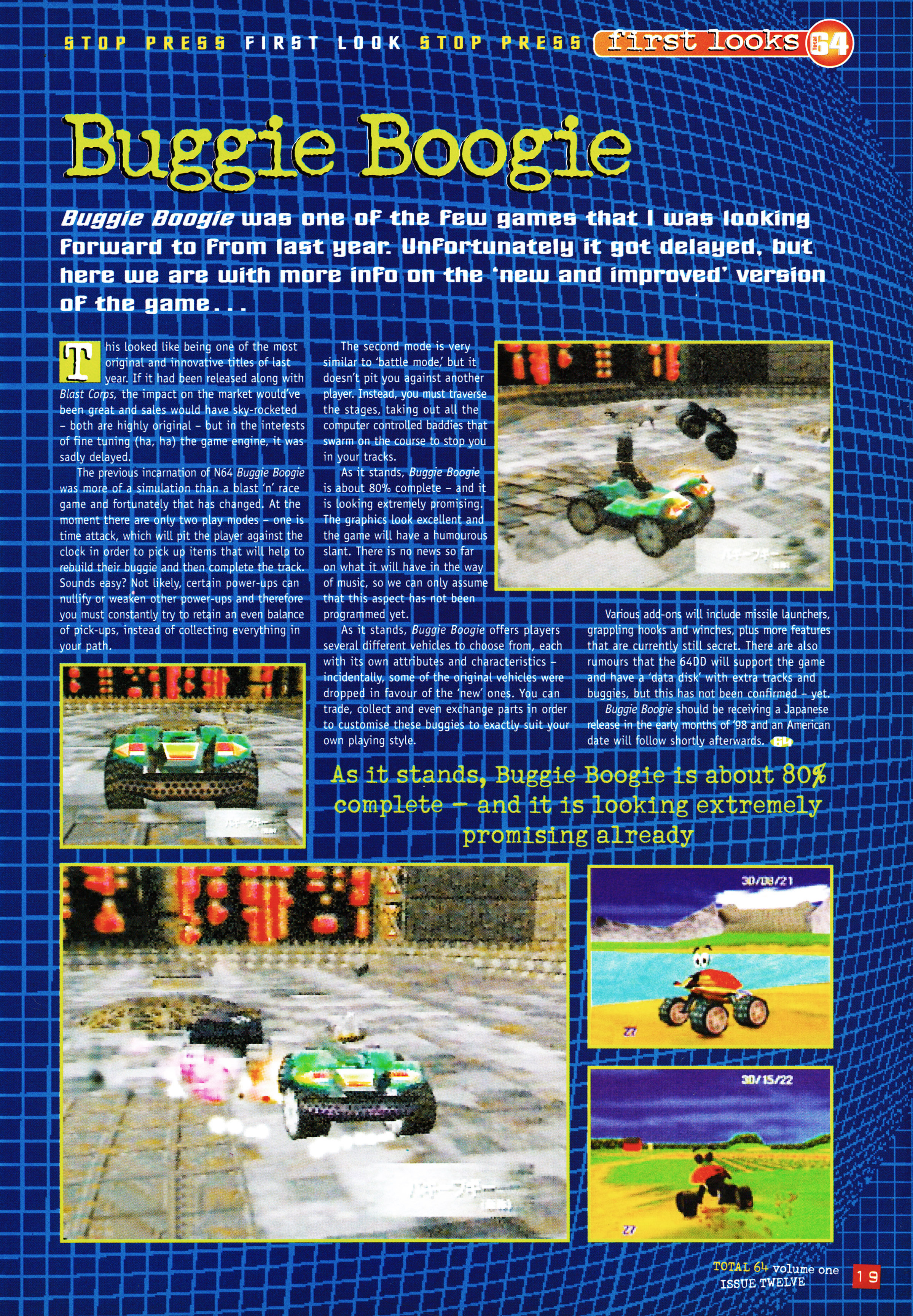 First up is Buggie Boogie by Angel Studios for the Nintendo 64.
Taken from Total 64 No.12 Volume 1 Issue 12 - January 1998 (UK)
