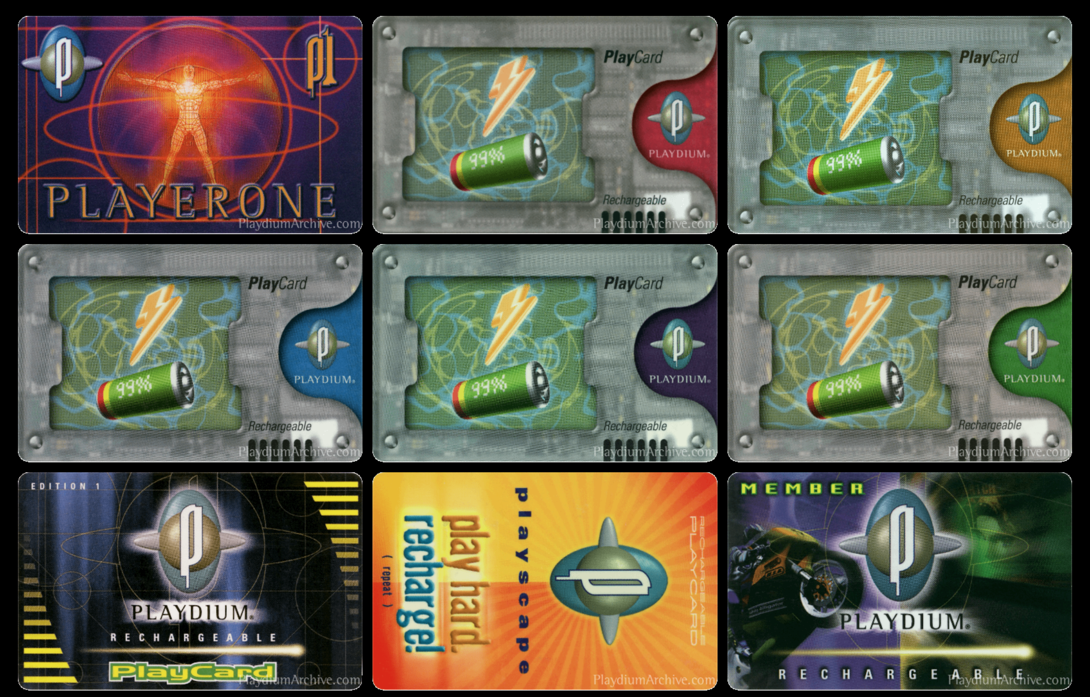 Nine Playdium Playcards, of various graphic designs. Each has a very late 90s and early 2000s graphic design style - kind of retro futurism.