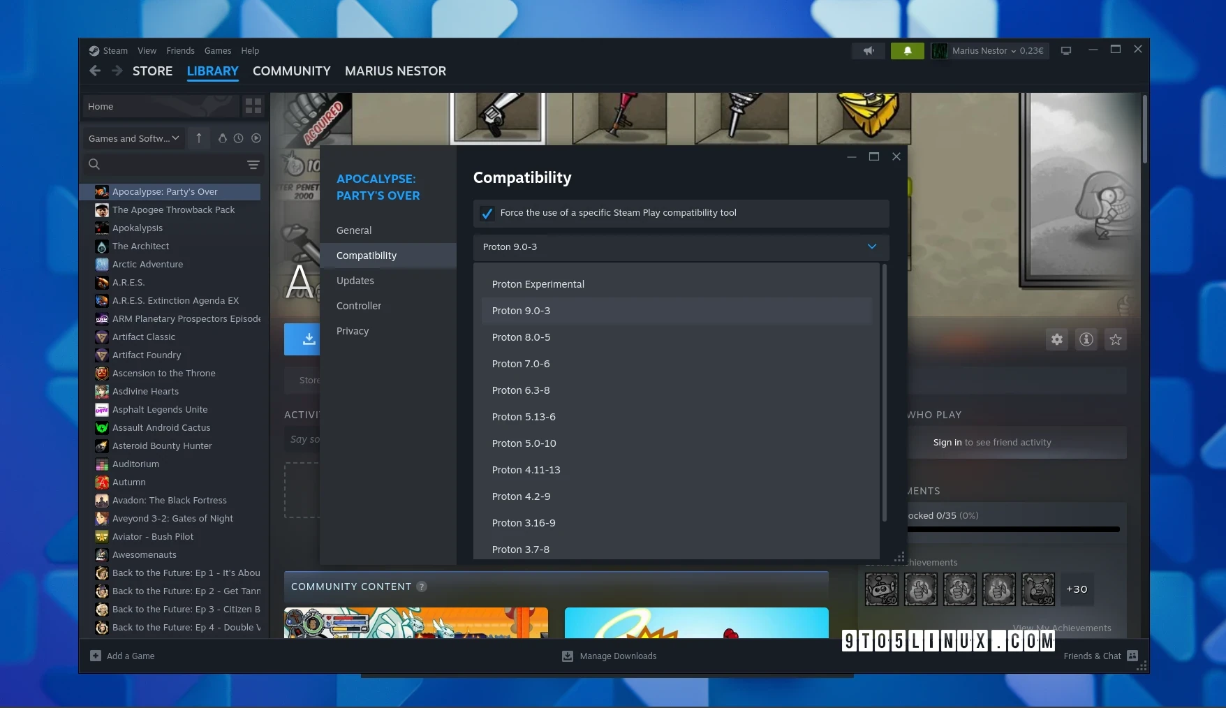 Screenshot of Steam Client showing the Compatibility section in game settings selecting the Proton 9.0-3 version.