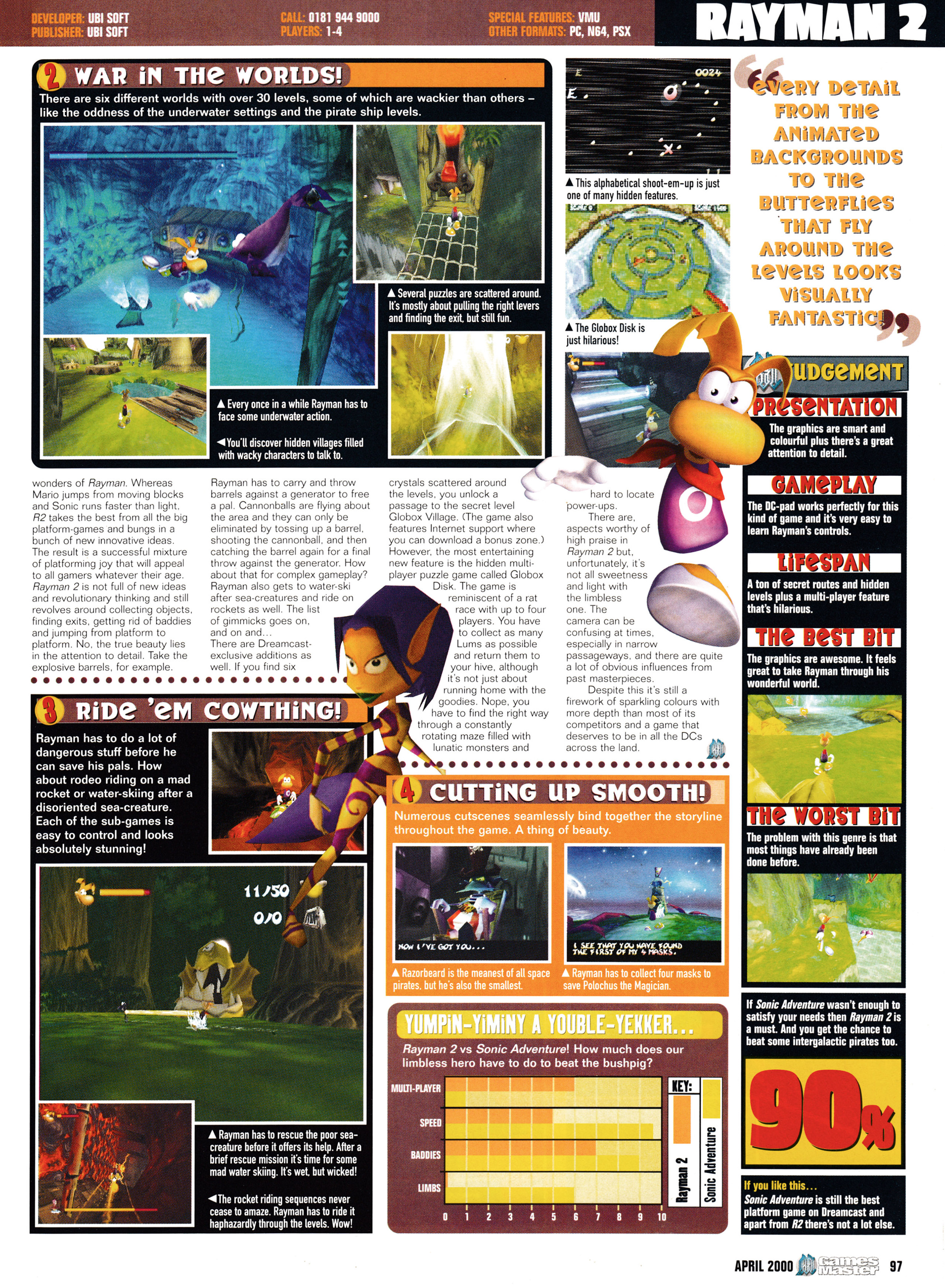 Review for Rayman 2: The Great Escape on Dreamcast.
Taken from GamesMaster 93 - April 2000 (UK)  

score: 90%