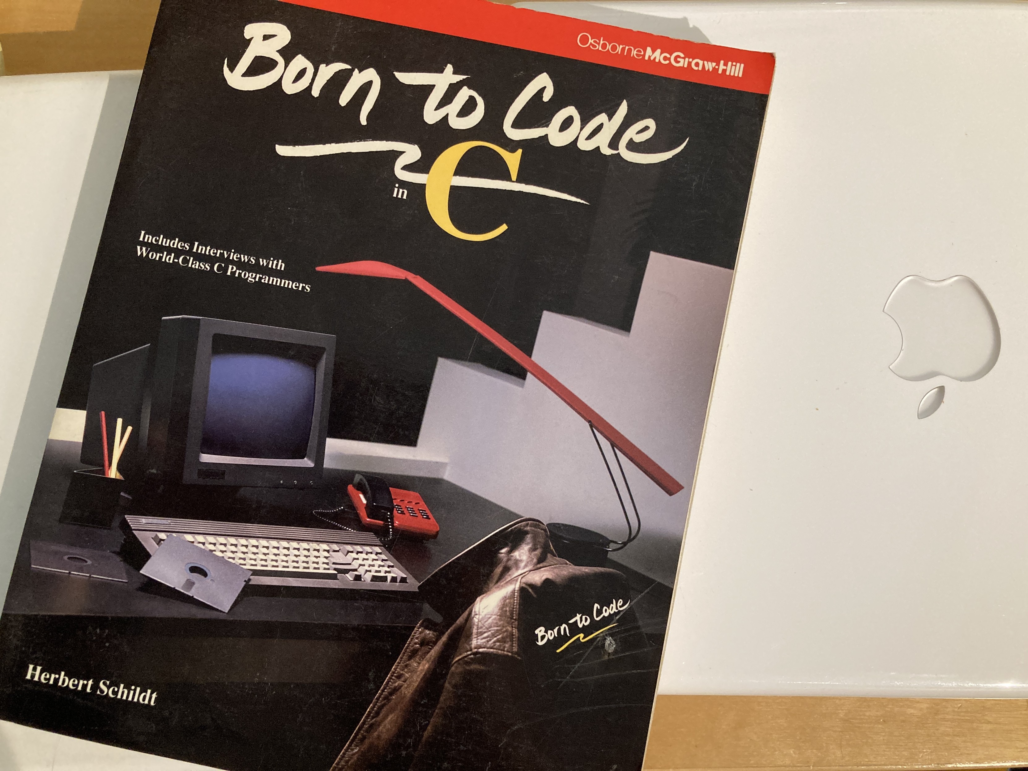 A copy of "Born to Code in C" by Herbert Schildt.

The cover shows a computer terminal with a fairly futuristic looking black keyboard and monitor. A leather jacket hangs off the chair, because you just know this programmer is bad to the bone.