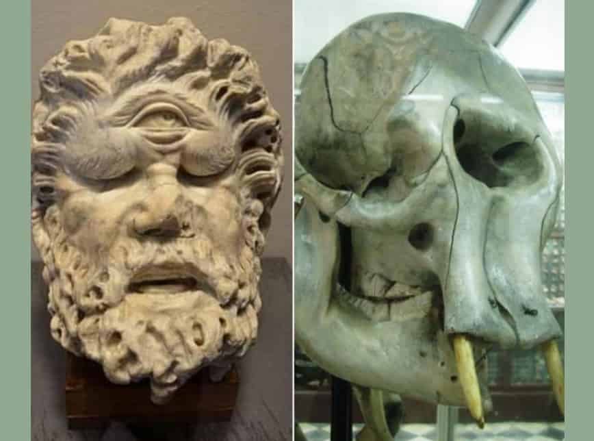 Image of a sculpture of a cyclops next to the skull of an elephant
