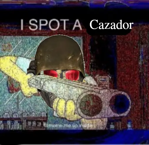 Character with NCR veteran ranger gear's helmet pointing shotgun at viewer with a text saying : "I spot a Cazador"