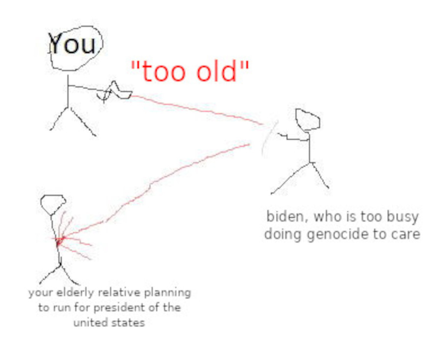 insult deflection meme: You saying "too old" - > biden, who is too busy doing genocide to care - > your elderly relative planning to run for president of the united states
