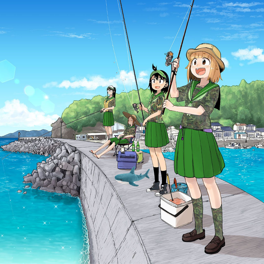 Cropped edit of official artwork of the manga Houkago Teibou Nisshi, or Diary of Our Days at the Breakwater, depicting the four main characters fishing by the breakwater. The characters' school uniforms have been changed to a mix of camo and green; their juice or tea bottles have been replaced with beer bottles; and a blåhaj has been placed on the ground between two of the characters.