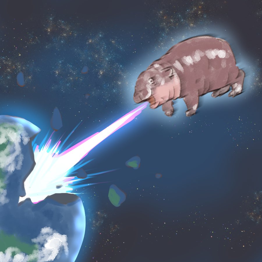 moo deng baby hippo blows up the earth in space witha beam attack