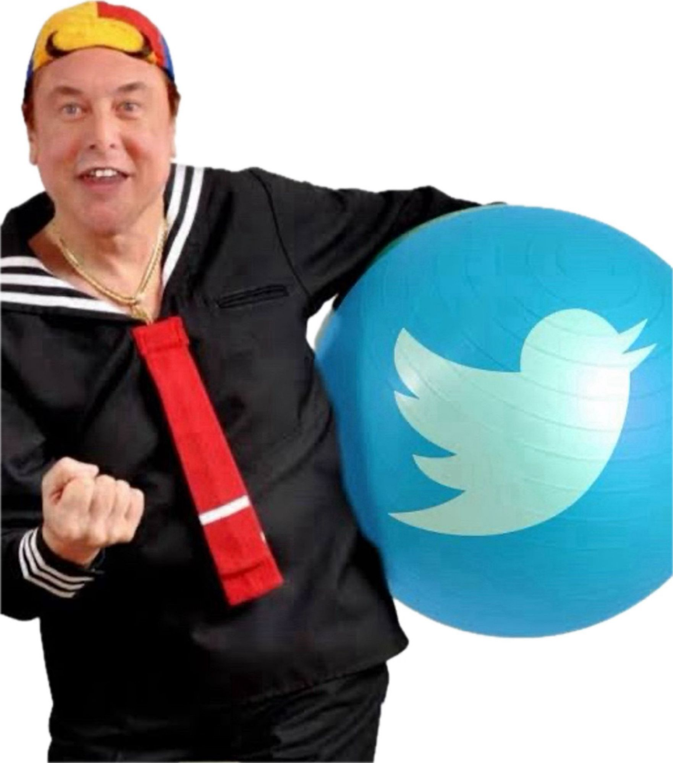 Elon Musk as Kiko from Chaves holding a ball with the Twitter logo