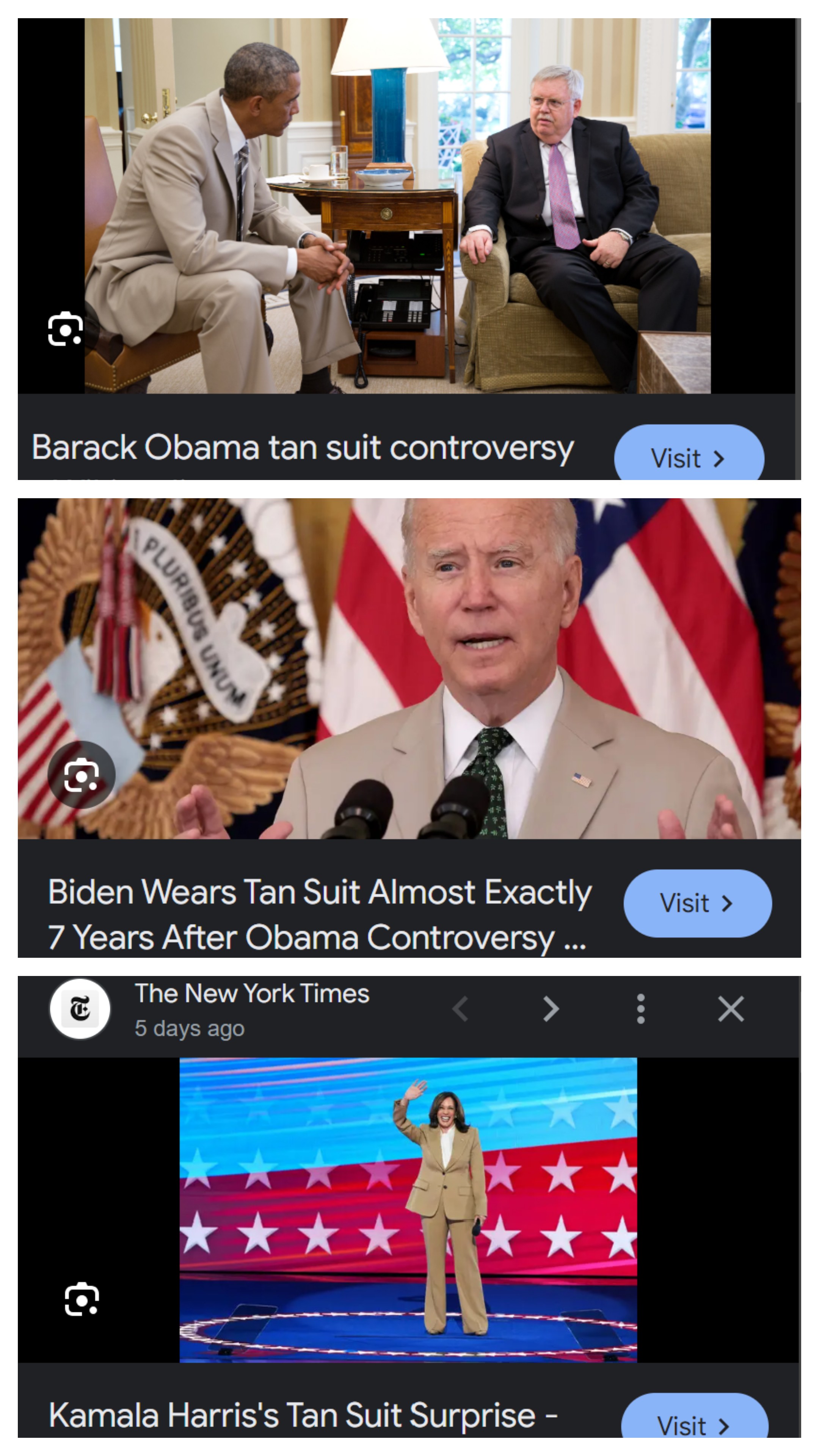 3 screenshots collated into a collage, first is the obama tan suit controversy, second is biden wearing the tan suit 7 eyars after obama, third is kamala wearing the tan suit at the DNC