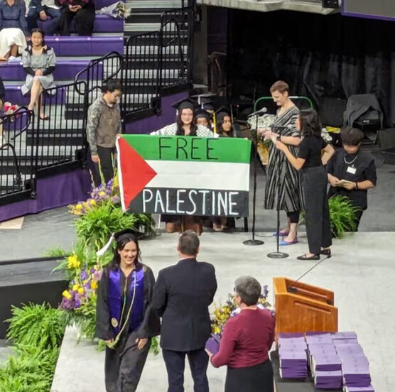 A stage with purple accents, and a woman holding a large Palestinian flag that say ‘Free Palestine.