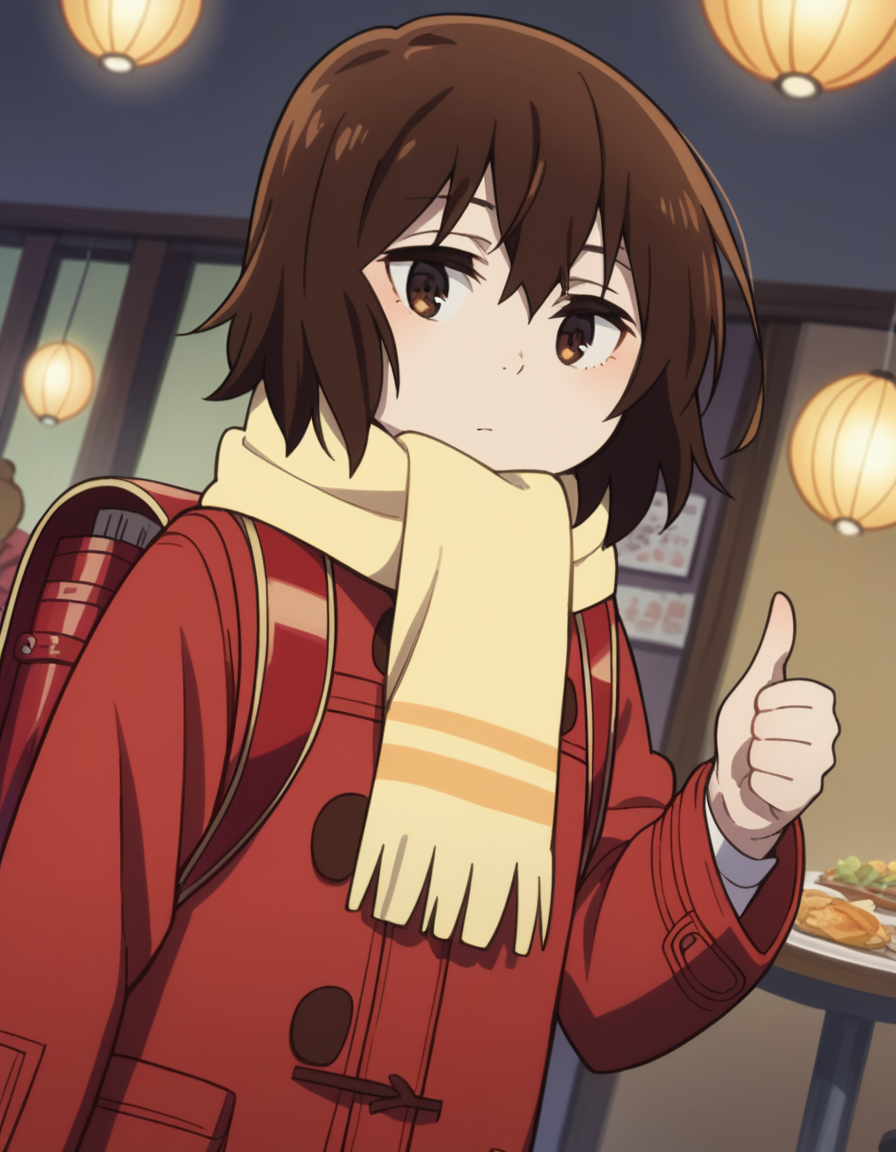 A young girl with medium-length brown hair, brown eyes, and a neutral expression giving a thumbs up. She is wearing a bright red coat, a yellow scarf with orange stripes and a red backpack. The setting appears to be a cozy indoor space, likely a restaurant or café. There are several round, glowing lanterns hanging from the ceiling, and o the right, there is a table with a plate of food.