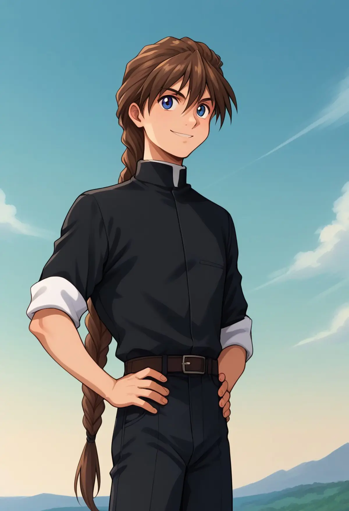 A boy with blue eyes and long brown hair tied into a braid with his hands on his hips against a backdrop of a clear blue sky with soft clouds and distant mountains at the horizon. He is wearing a black shirt with rolled-up sleeves, black pants, and a belt. 