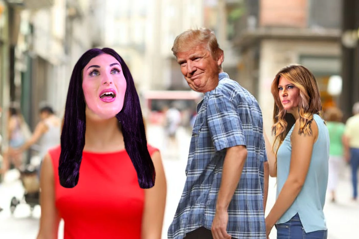 Distracted boyfriend meme showing Melania Trump being annoyed with Donald Trump being distracted by Laura Loomer.