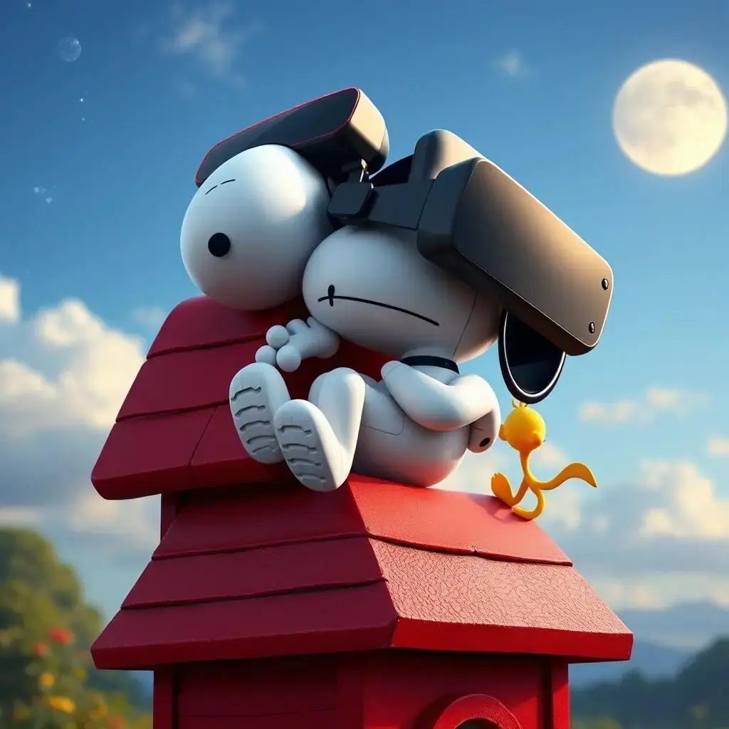 Image with seed 2617804280 generated via AI Horde through @aihorde@lemmy.dbzer0.com. Prompt: a robot Snoopy sleeping on his back on the roof of his red doghouse alongside Woodstock #VR #glasses