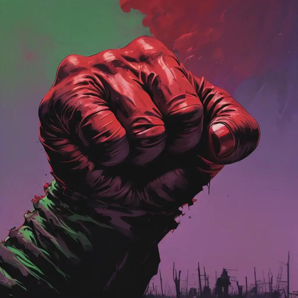 Image with seed 1954169802 generated via AI Horde through @aihorde@lemmy.dbzer0.com. Prompt: a left fist in red breaking from the ground up to the green and purple sky, punk, antifa, dark, red and black, hulk, The Left, revolution. 