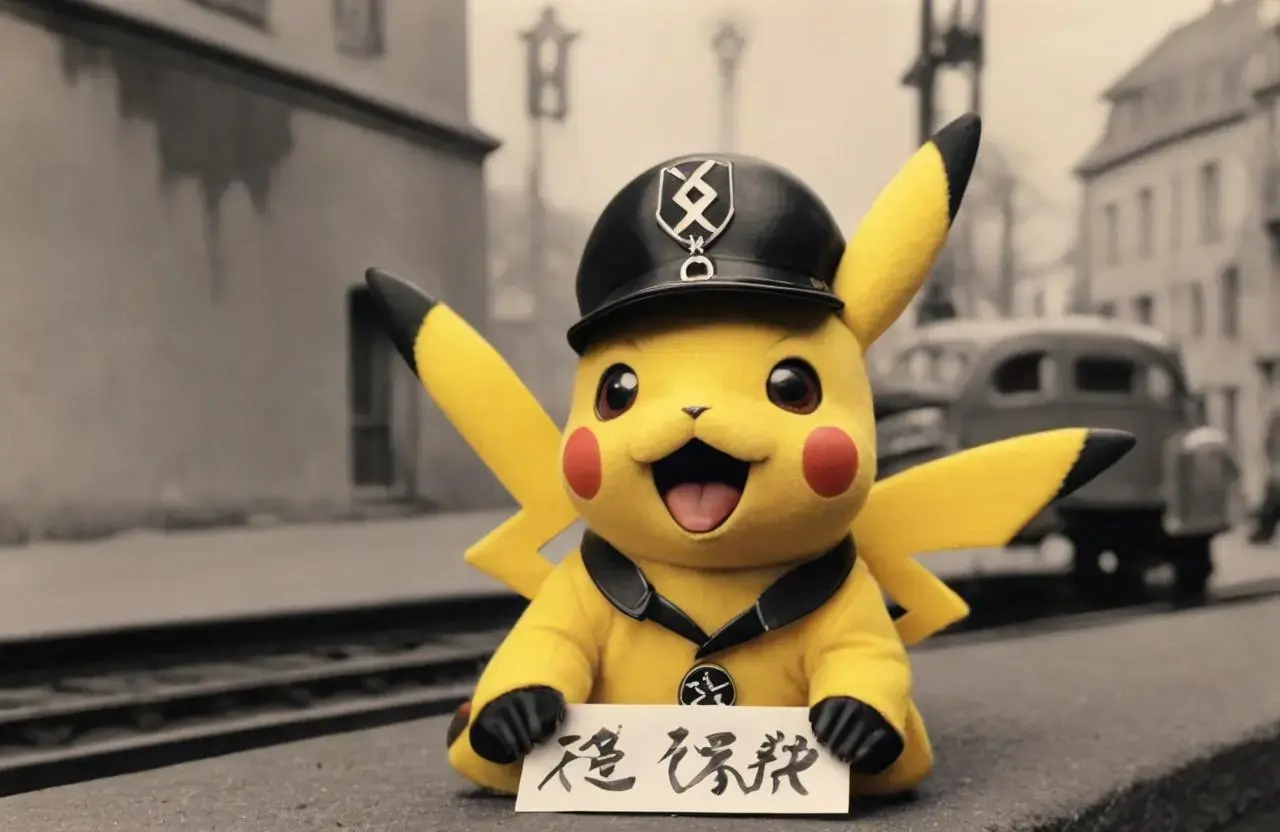 Image with seed 855654850 generated via AI Horde through @aihorde@lemmy.dbzer0.com. Prompt: A souvenir postcard, a surprised pikachu in a Nazi uniform ###, lowres, cropped, cgi, pixelated, padding, border