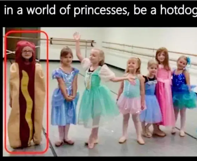 An image with 7 small girls, 6 of which are dressed like a disney princess, and one has a full hotdog suit. The text reads "In a world of princesses, be a hotdog"