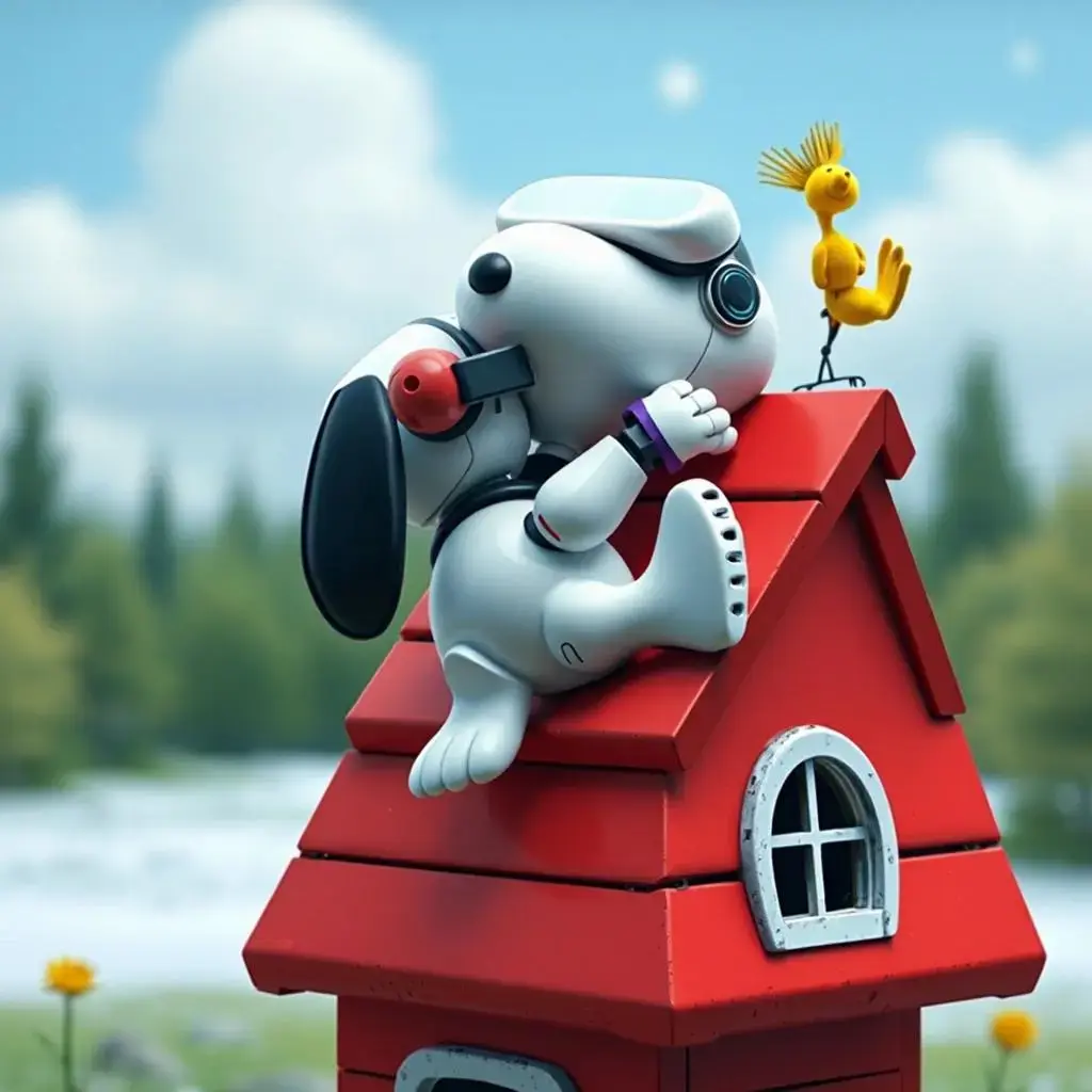 Image with seed 2617804280 generated via AI Horde through @aihorde@lemmy.dbzer0.com. Prompt: a robot Snoopy sleeping on his back on the roof of his red doghouse alongside Woodstock #VR #glasses