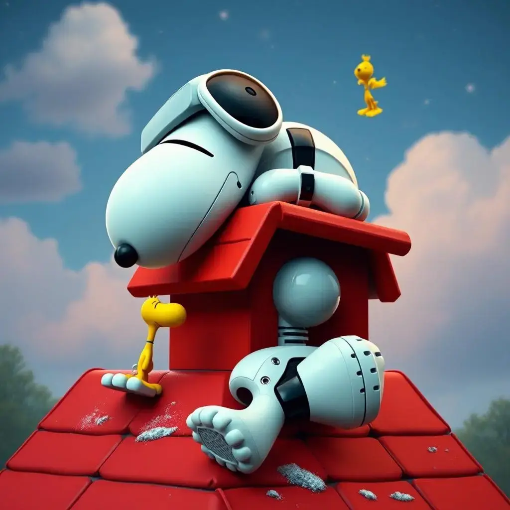 Image with seed 2617804280 generated via AI Horde through @aihorde@lemmy.dbzer0.com. Prompt: a robot Snoopy sleeping on his back on the roof of his red doghouse alongside Woodstock #VR #glasses