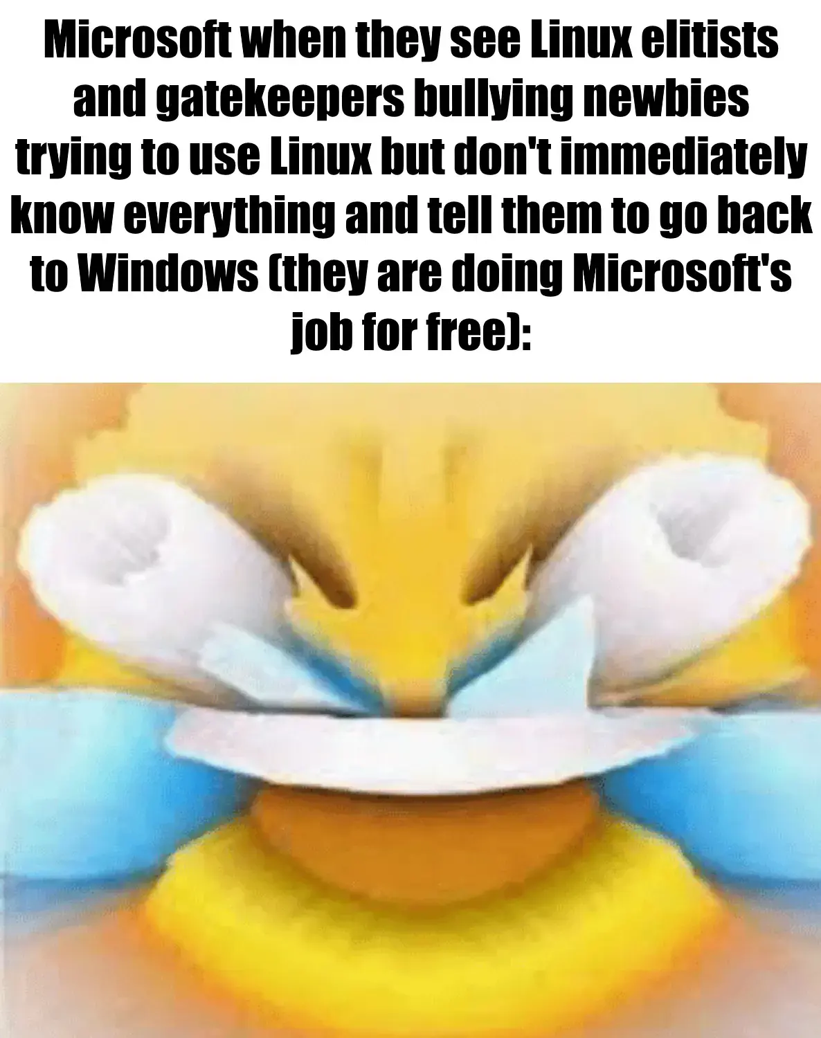 Microsoft when they see Linux elitists and gatekeepers bullying newbies trying to use Linux but don't immediately know everything and tell them to go back to Windows (they are doing Microsoft's job for free): <bass-boosted joy/laughter emoji>
