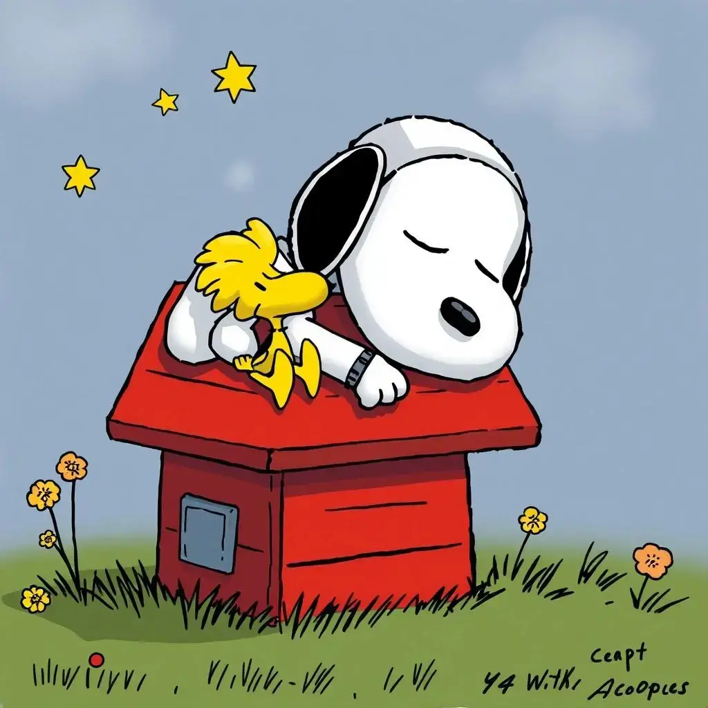 Image with seed 1638063918 generated via AI Horde through @aihorde@lemmy.dbzer0.com. Prompt: Snoopy as a robot sleeping on his red doghouse alongside Woodstock###VR,glasses,mask