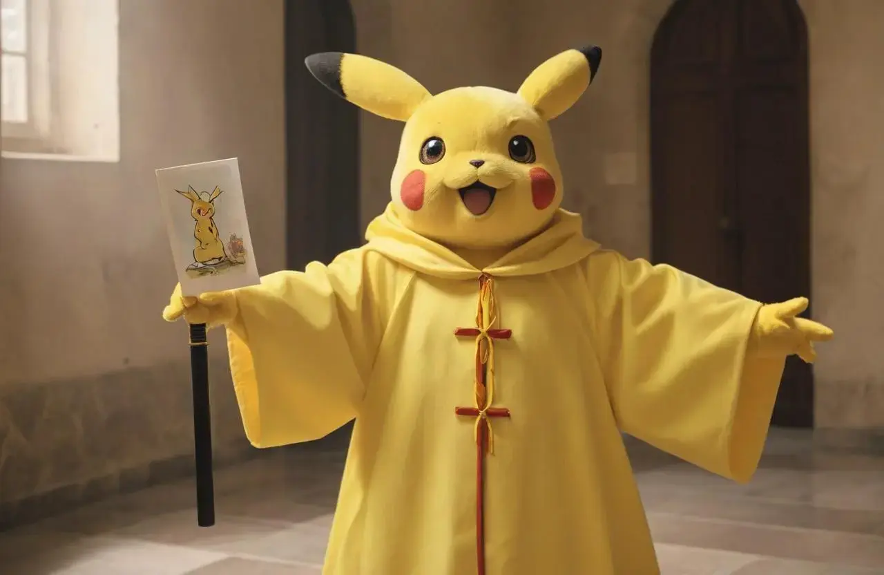 Image with seed 724113903 generated via AI Horde through @aihorde@lemmy.dbzer0.com. Prompt: A souvenir postcard, a surprised pikachu in a catholic priest robe ###, lowres, cropped, cgi, pixelated, padding, border