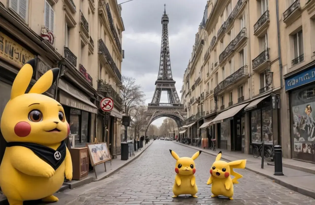 Image with seed 347605496 generated via AI Horde through @aihorde@lemmy.dbzer0.com. Prompt: A souvenir postcard, a scene set in the street of  paris, the eiffel tower in the background, several surveillance cameras are on the walls, the subject is one surprized pikachu in a Nazi uniform ###, lowres, cropped, cgi, pixelated, padding, border