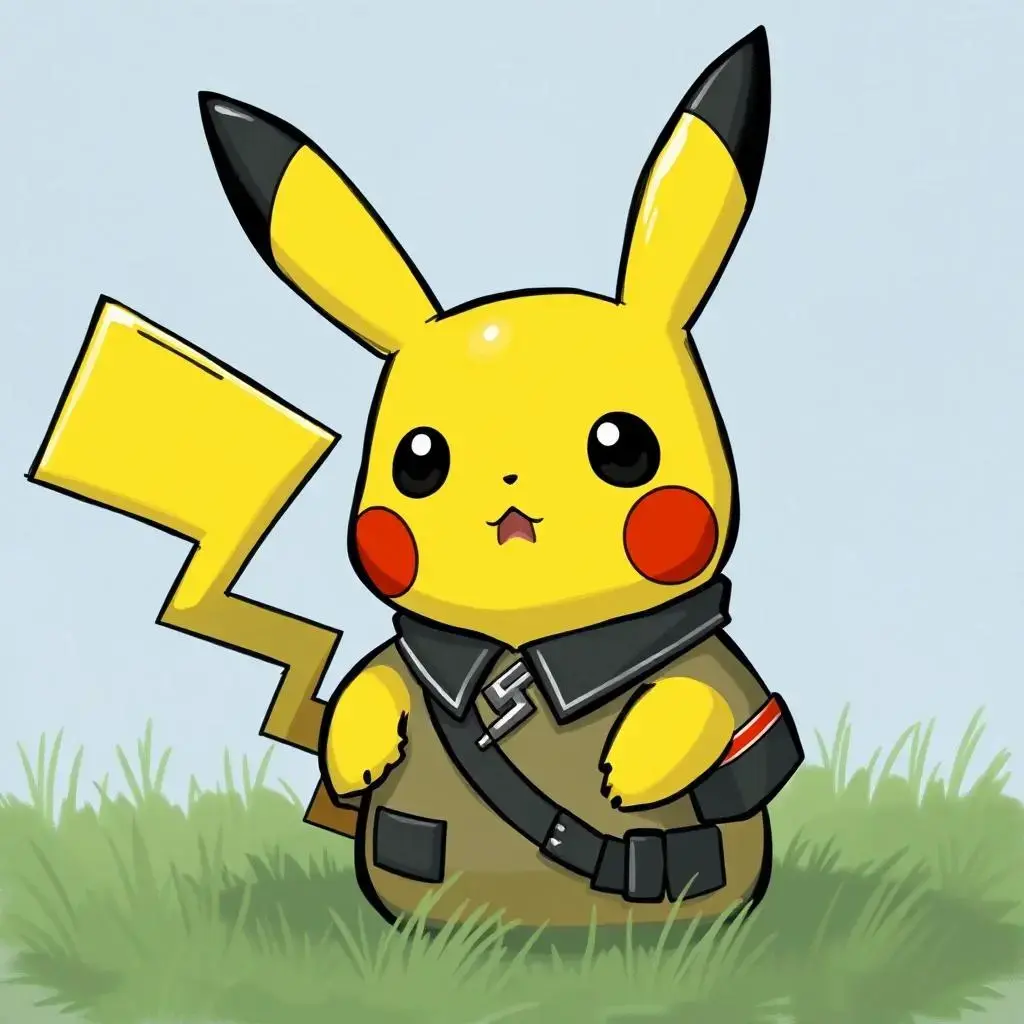 Image with seed 1529368530 generated via AI Horde through @aihorde@lemmy.dbzer0.com. Prompt: a surprised pikachu in a Nazi uniform