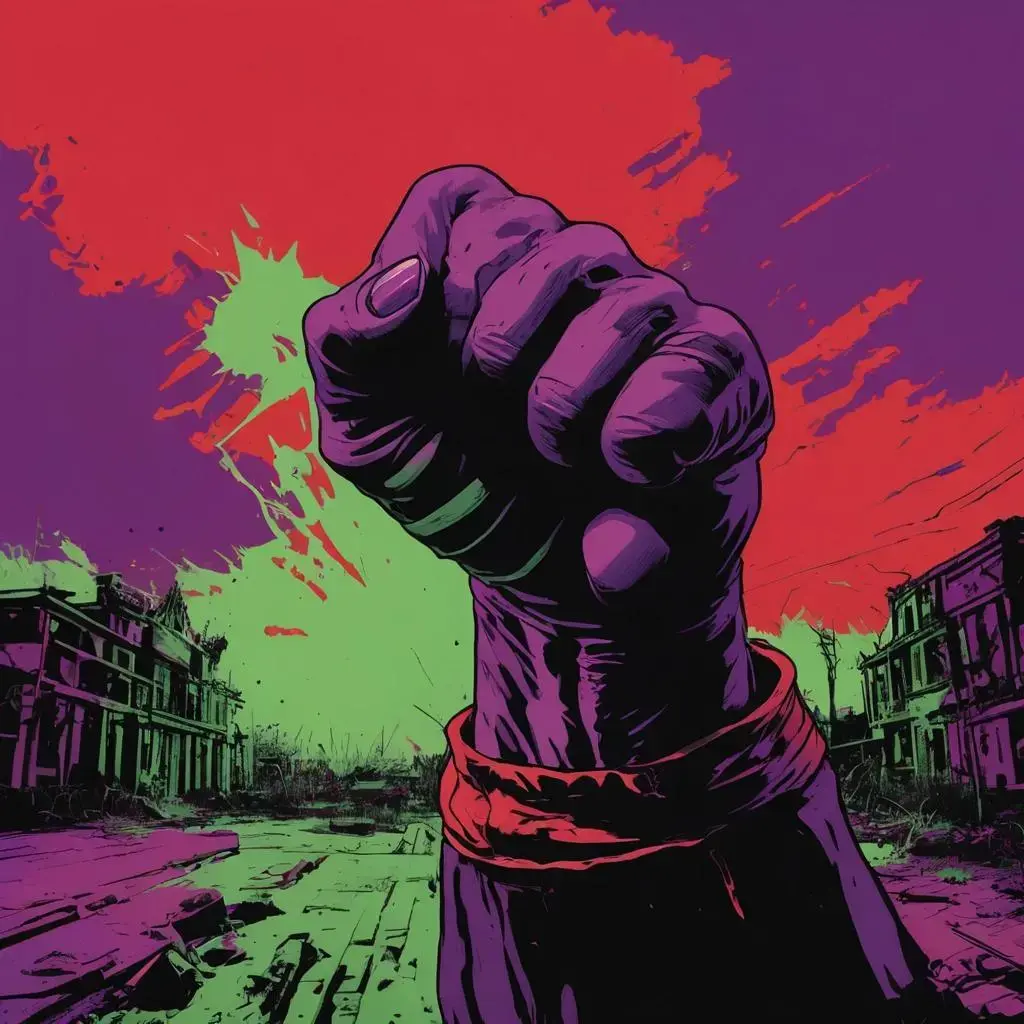 Image with seed 1954169802 generated via AI Horde through @aihorde@lemmy.dbzer0.com. Prompt: a left fist in red breaking from the ground up to the green and purple sky, punk, antifa, dark, red and black, hulk, The Left, revolution. 