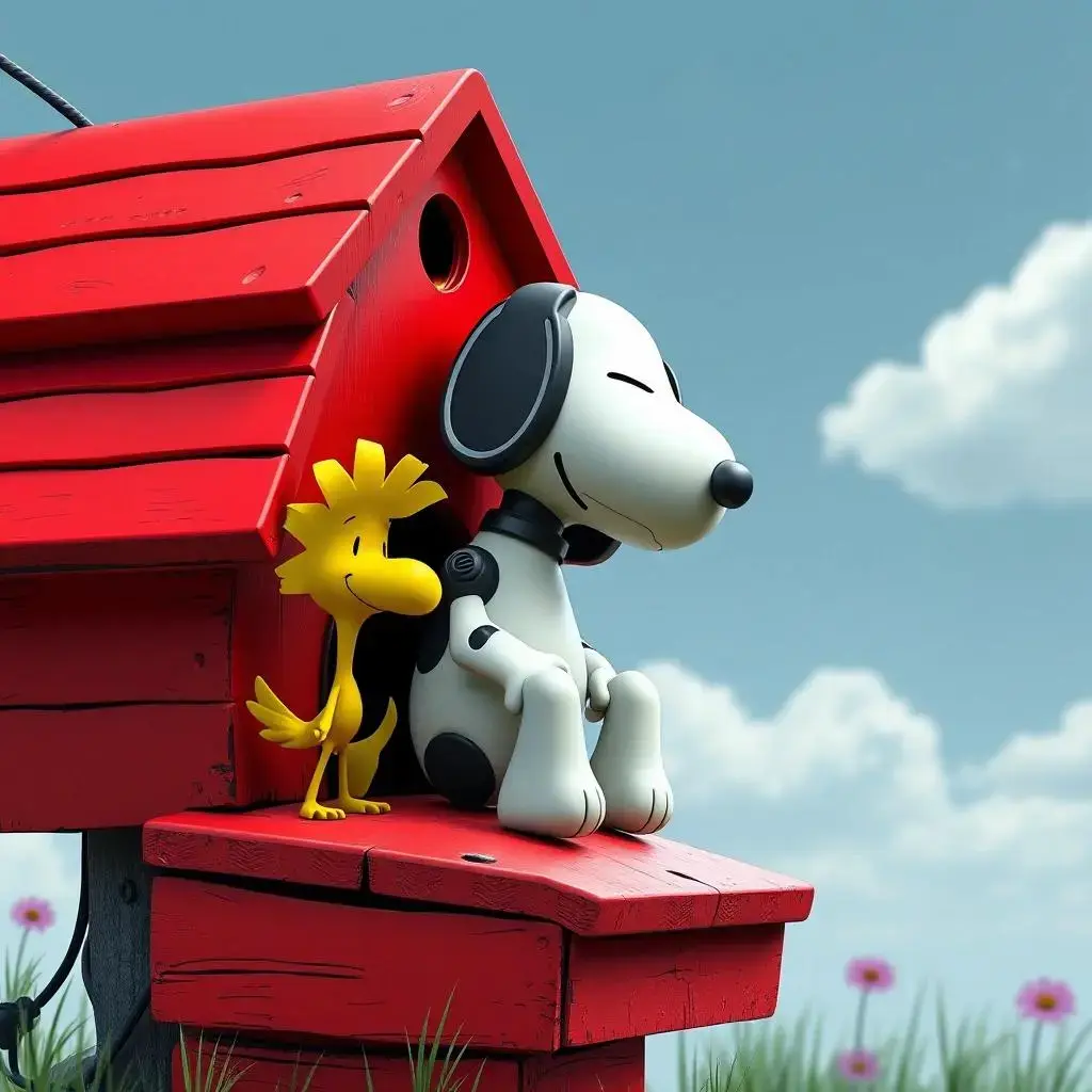 Image with seed 226981851 generated via AI Horde through @aihorde@lemmy.dbzer0.com. Prompt: Snoopy as a robot sleeping on the top of a red doghouse alongside Woodstock #VR