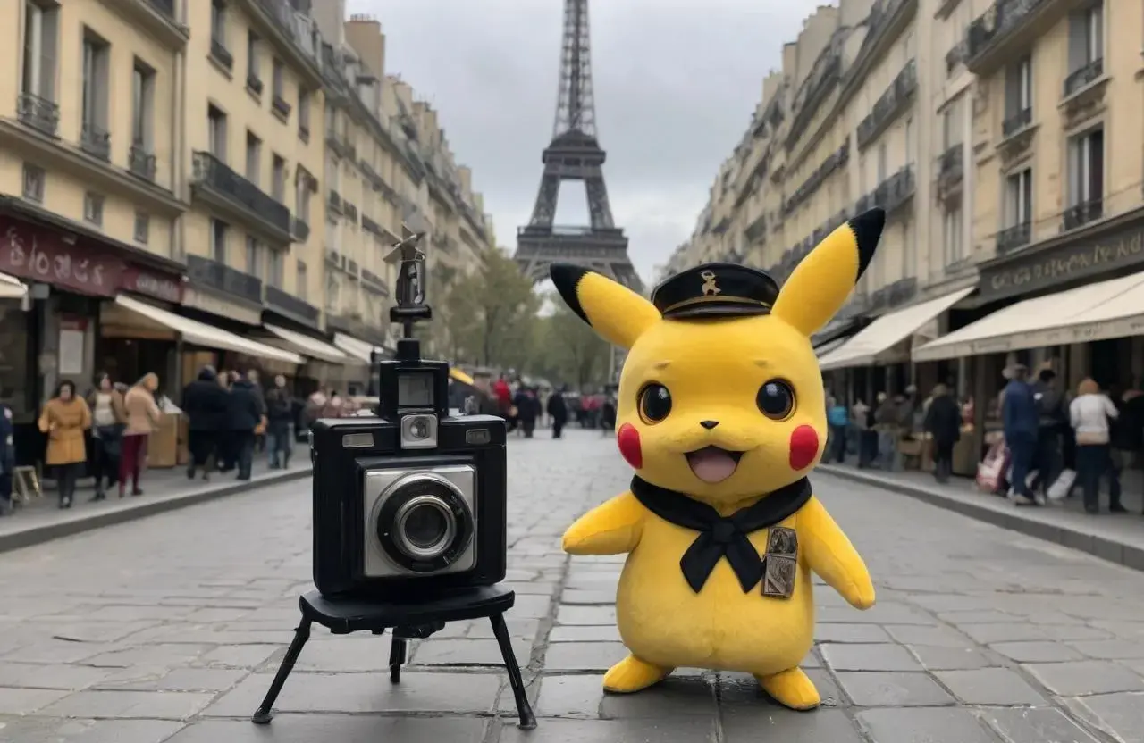 Image with seed 3469485750 generated via AI Horde through @aihorde@lemmy.dbzer0.com. Prompt: A souvenir postcard, a scene set in the street of  paris, the eiffel tower in the background, several surveillance videocameras are on the walls, the subject is a single surprized nazi pikachu dressed in a Nazi uniform ###, lowres, cropped, cgi, pixelated, padding, border