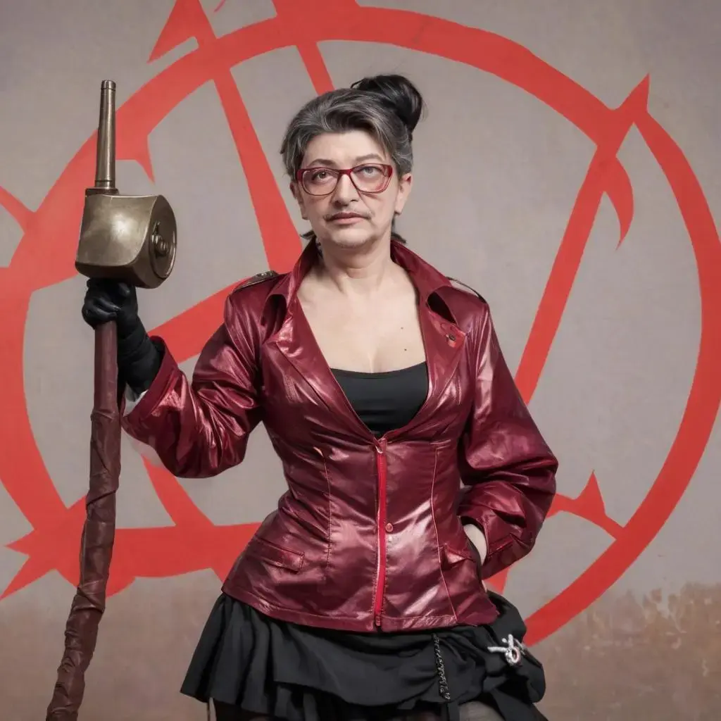 Image with seed 4181421048 generated via AI Horde through @aihorde@lemmy.dbzer0.com. Prompt: Mélenchon as a communist dominatrix holding a hammer and sickle