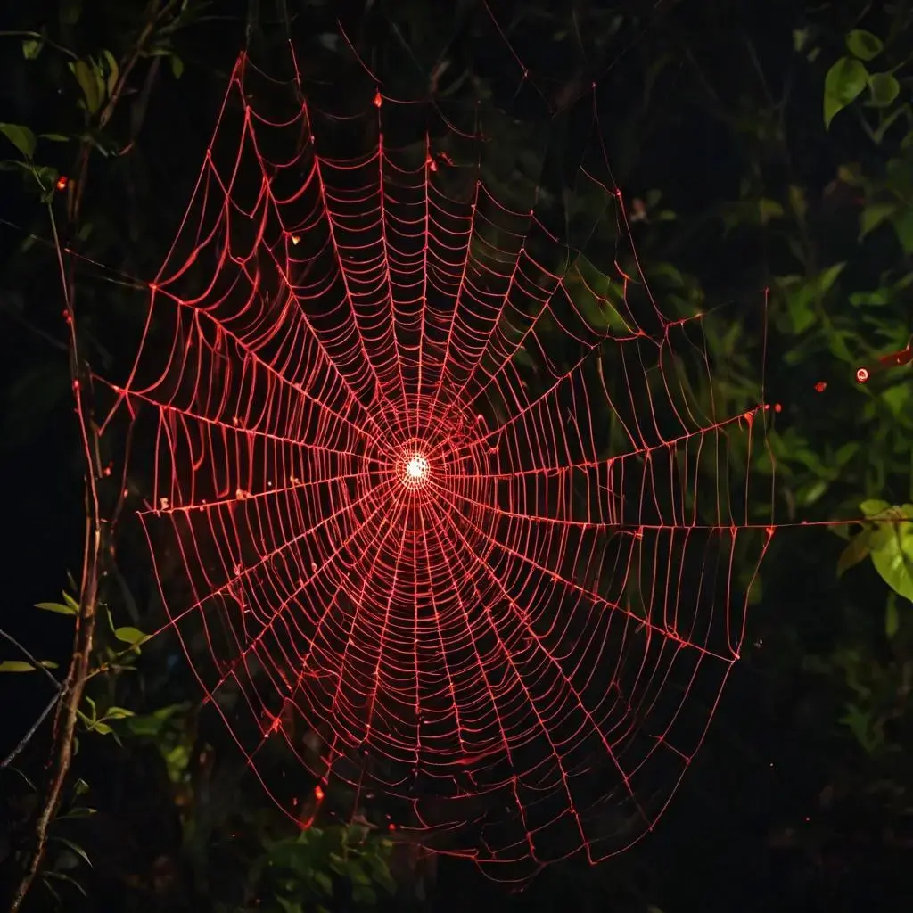 Image with seed 3136524828 generated via AI Horde through @aihorde@lemmy.dbzer0.com. Prompt: a spider's web with a red light that attracts male fireflies to come have a good time at the web bordello