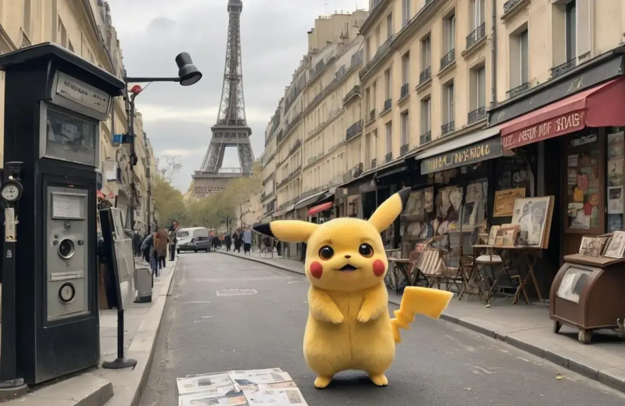 Image with seed 347605496 generated via AI Horde through @aihorde@lemmy.dbzer0.com. Prompt: A souvenir postcard, a scene set in the street of  paris, the eiffel tower in the background, several surveillance cameras are on the walls, the subject is one surprized pikachu in a Nazi uniform ###, lowres, cropped, cgi, pixelated, padding, border