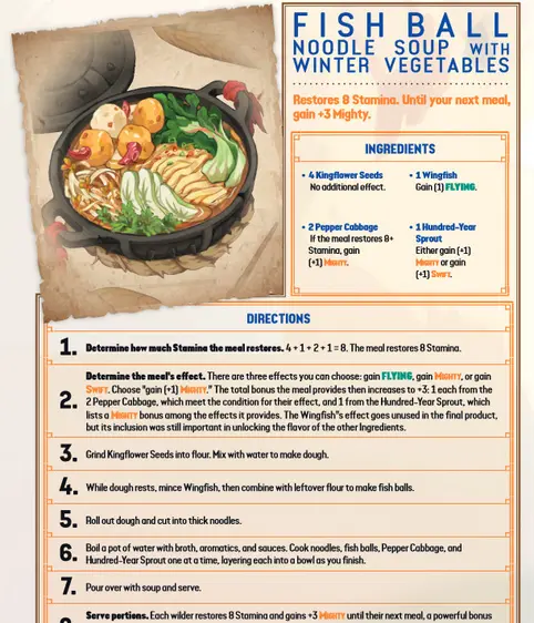 Imagem do Quickstart de Wilderfeast, mostra uma espécie de ficha de um lámen com bolas de peixe e vegetais de inverno. Ela se assemelha a uma receita e mostra os bônus mecânicos vindos do consumo da refeição, bem como o passo a passo de cozinhá-la, no jogo e na mecânica.