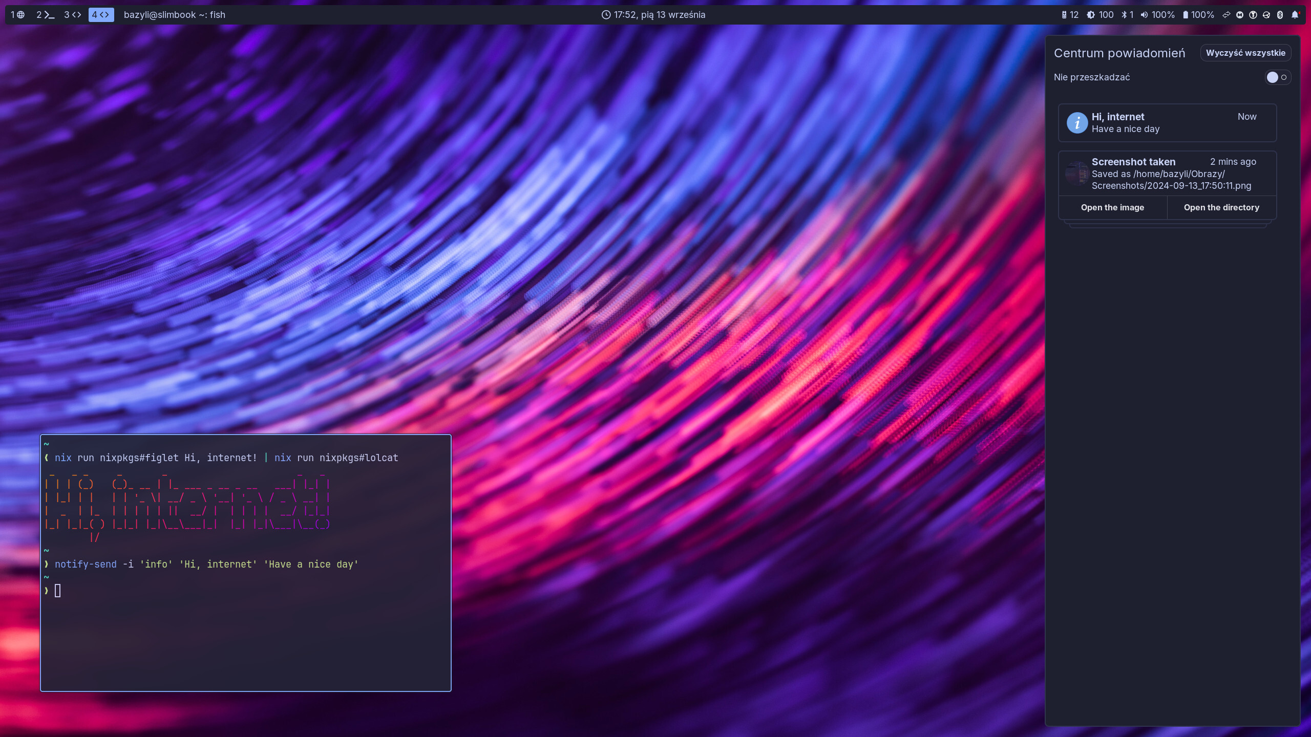 Screenshot of desktop with floating terminal window and sway notification center