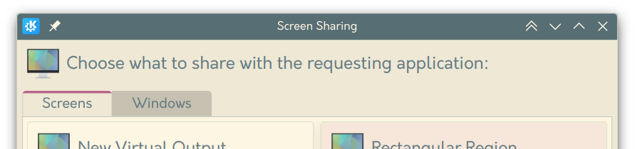 Screenshot of the KDE screen sharing portal, showing "Screens" and "Windows" tabs, where the selected tab has a horizontal accent colour line above it.