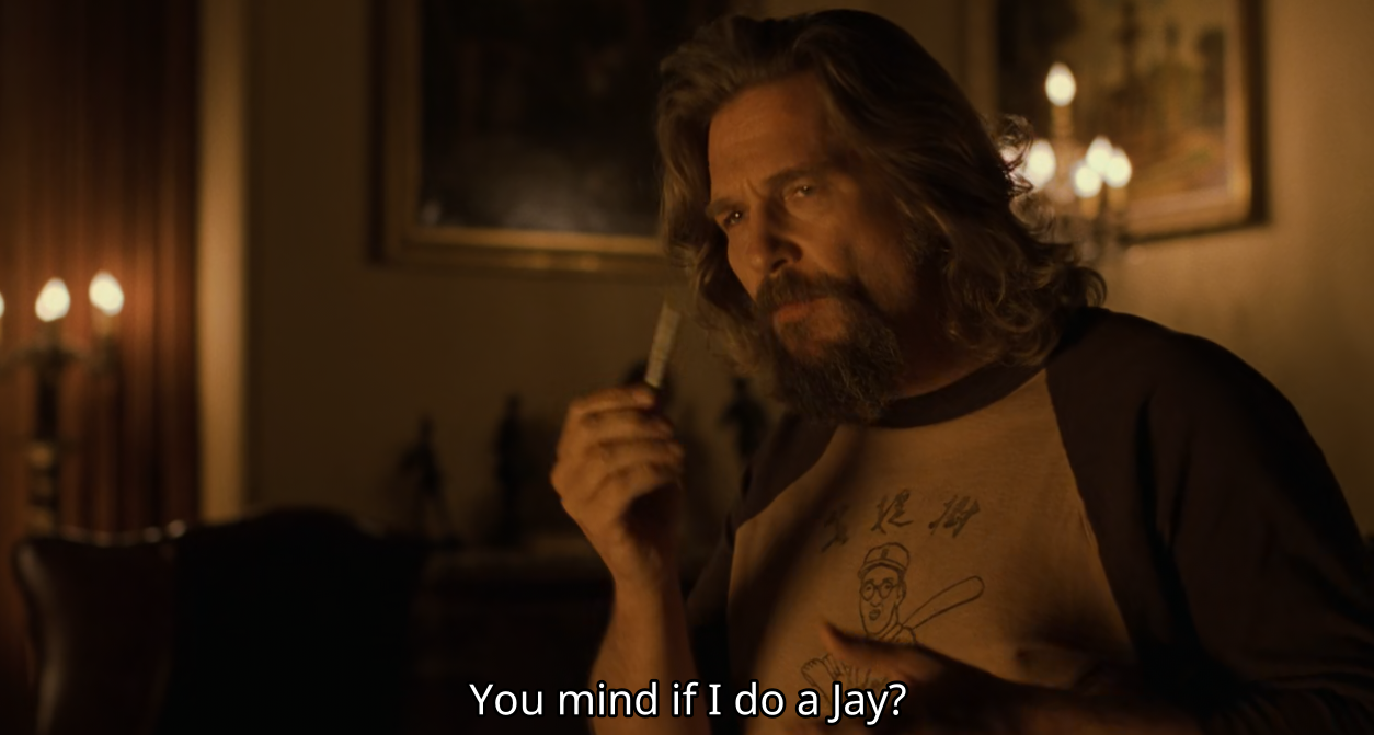screenshot of Jeff Bridges as "The Dude" in the 1998 film The Big Lebowski, at The Big Lebowski's house holding a joint with the subtitle "You mind if a do a Jay?"