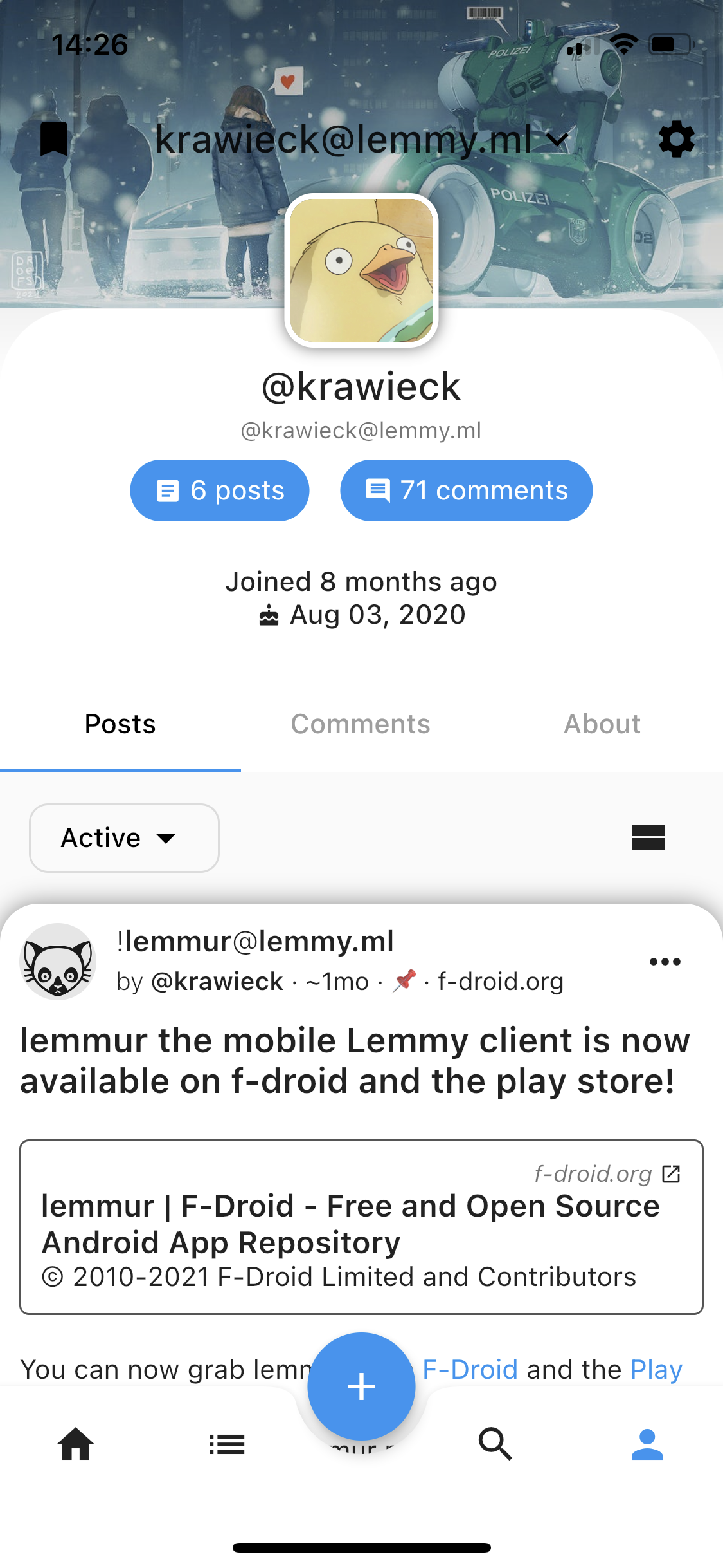 screenshot of profile tab