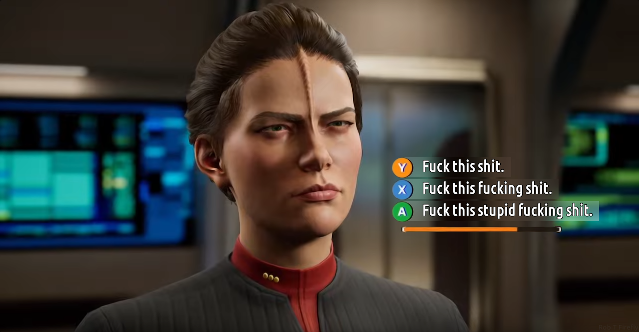 A screenshot of the game "Star Trek: Resurgence" showing Jara looking annoyed. The game's dialog-choice interface has been photoshopped to show three dialogue choices: "Fuck this shit," "Fuck this fucking shit," and "Fuck this stupid fucking shit."